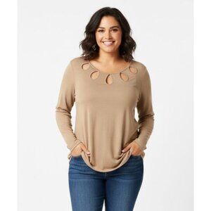 Addition Elle Women's Plus Size 2X Beige Long Sleeve Top with Oval Cut-Outs